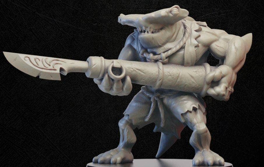 Sharkman with Cannon-Onmioji-Artificer,Beastfolk,Fighter,Gunslinger,Lycanthrope,Sea Creature,Tribal